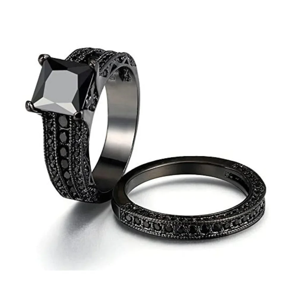 NEW 2PC/Set 2CT Princess Cut Black Sapphire Round Pave Engagement Ring